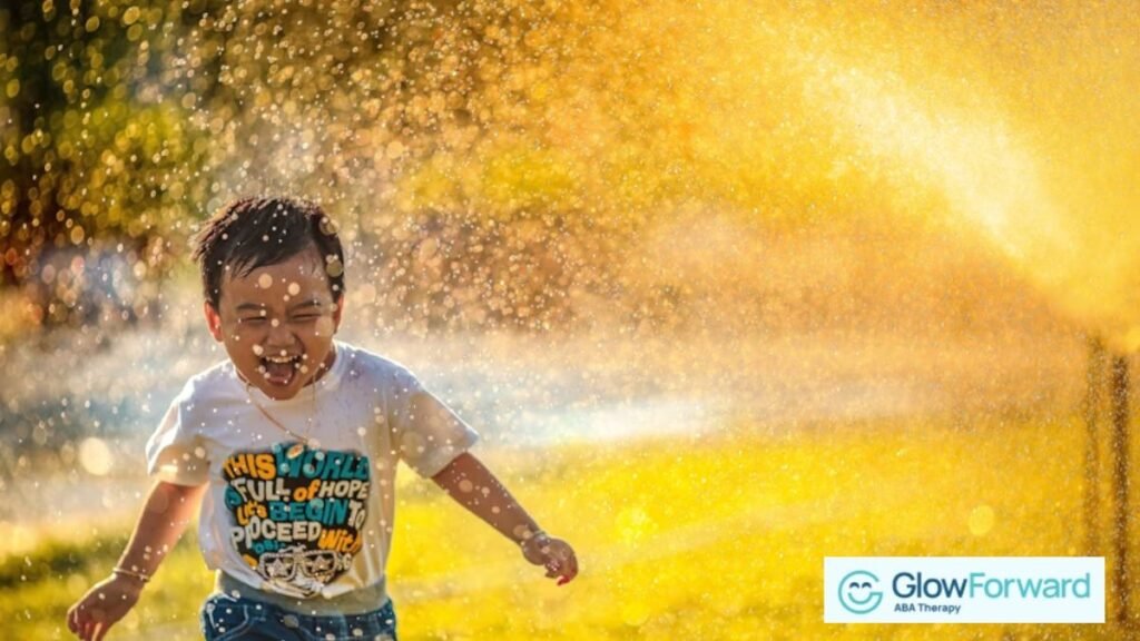 A boy stands on a lawn, framed by warm sunset rays, as a sprinkler sprays water over him.