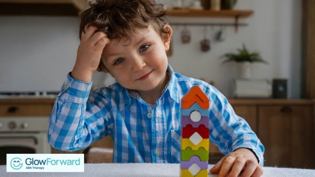 A young curly-haired boy looks at the camera while playing with a set of building block toys on the table.