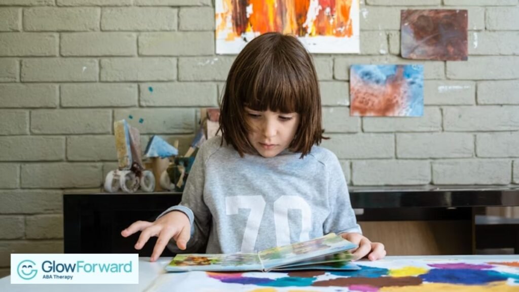 A brown-haired girl sits in a sunlit room, focused intently on her painting on the table.
