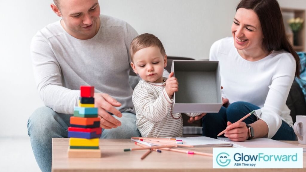 Choosing ABA therapy providers: a family completes ABA therapy at home in the living room with their child.