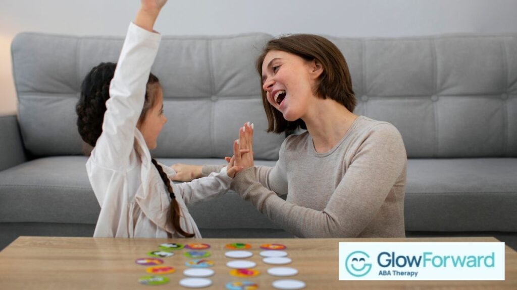 ABA therapy strategies: an adult guides a child in completing ABA tasks with puzzles and games.