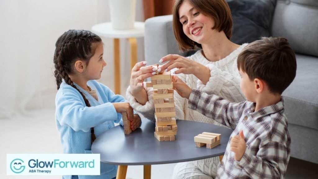 Choosing ABA therapy providers: a family completes ABA therapy at home in the living room with their child.